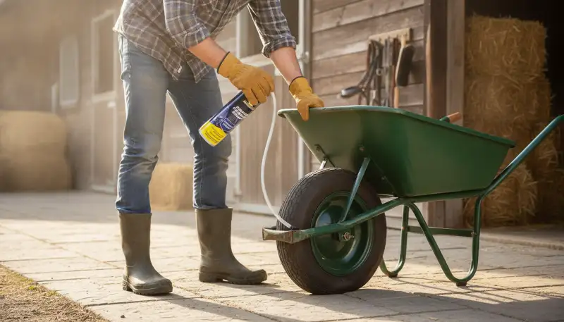 Platte Reifen? Schubkarren Reifenpannenspray hilft!